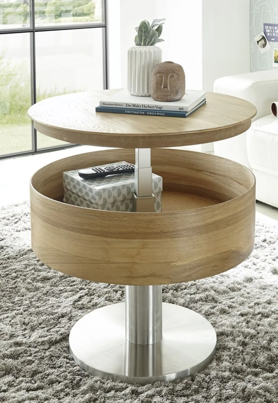 Couchtisch Tanger mit Lift | rund | Ø60 | Asteiche / Edelstahl | auf Rollen