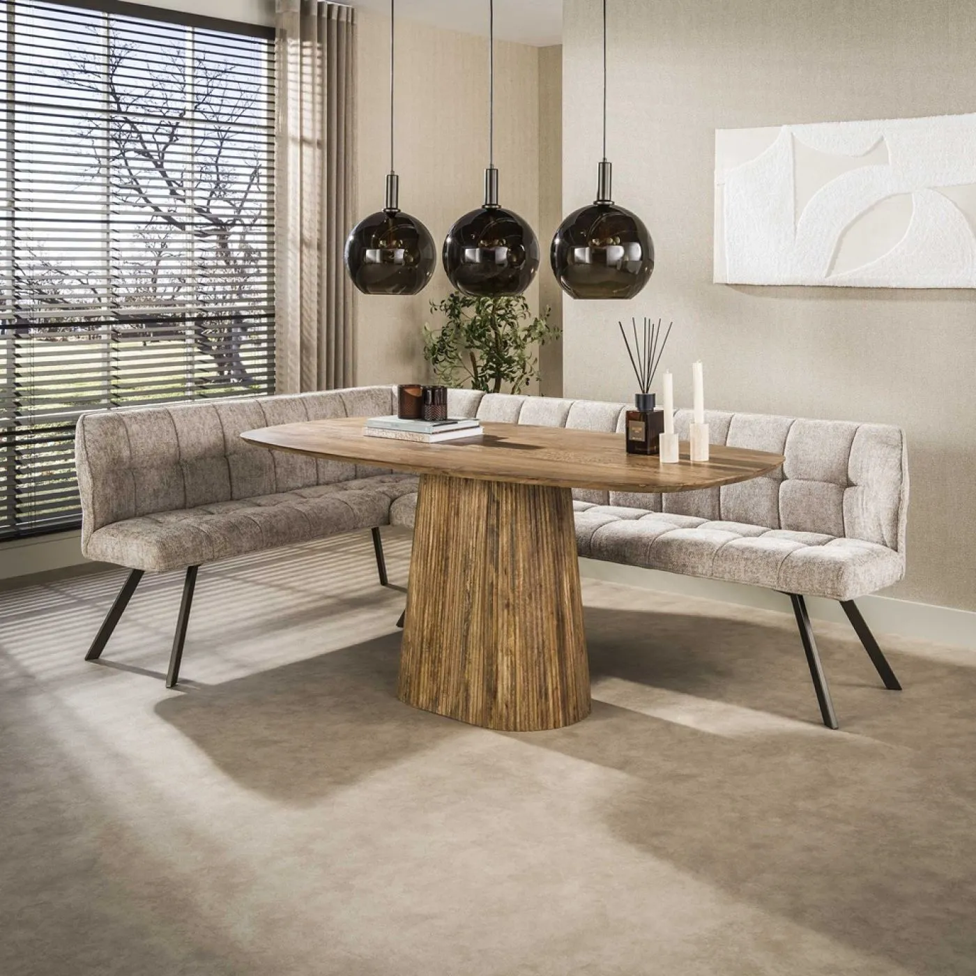 Eckbank Esszimmer Muda | links | Hoven-Stoff / Chenille | sand-braun