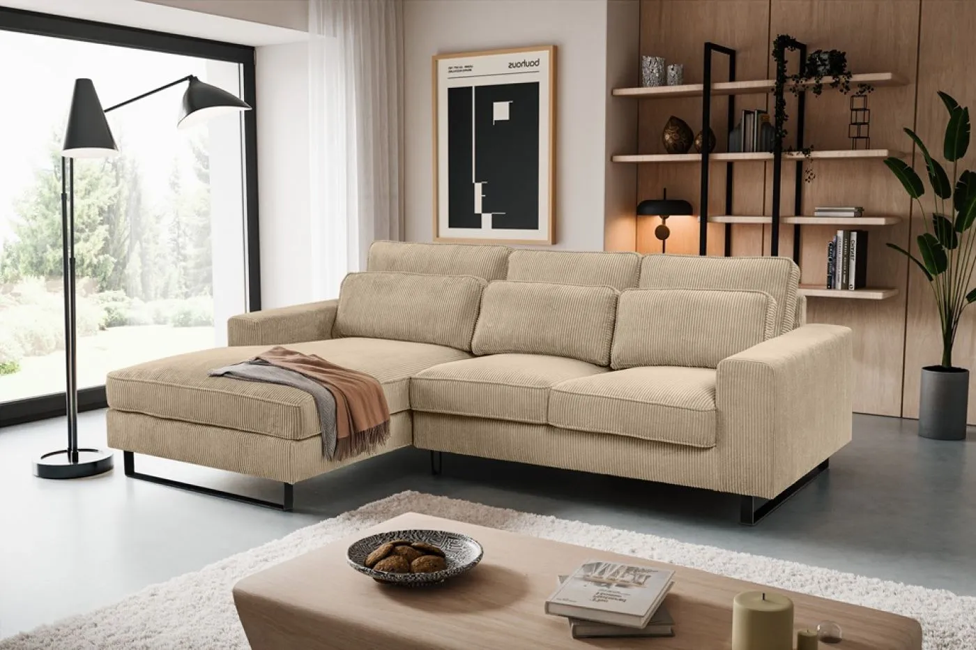 Ecksofa Bolivia links mit Rückenkissen | 276cm | Cord | beige