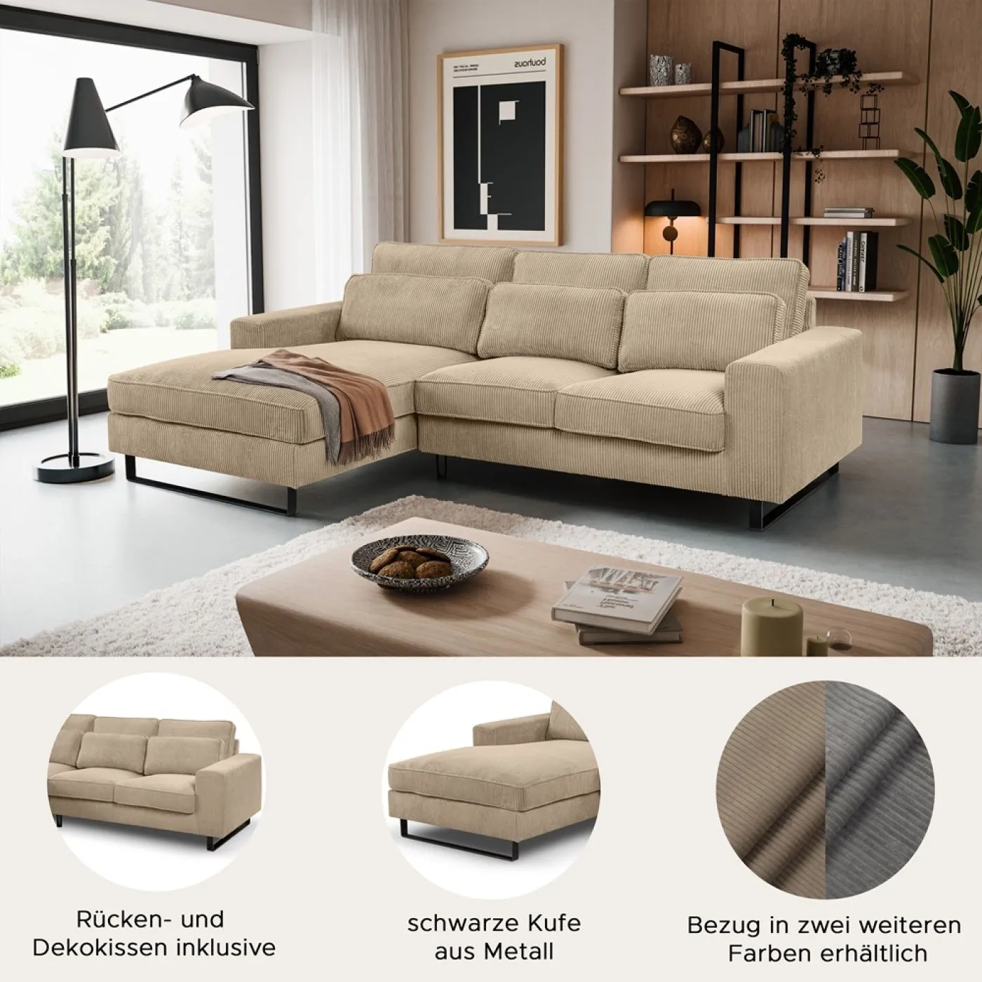 Ecksofa Bolivia links mit Rückenkissen | 276cm | Cord | beige