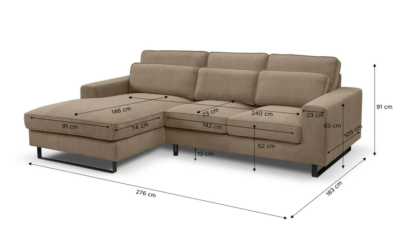 Ecksofa Bolivia links mit Rückenkissen | 276cm | Cord | braun-beige