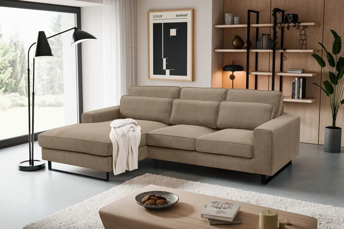 Ecksofa Bolivia links mit Rückenkissen | 276cm | Cord | braun-beige