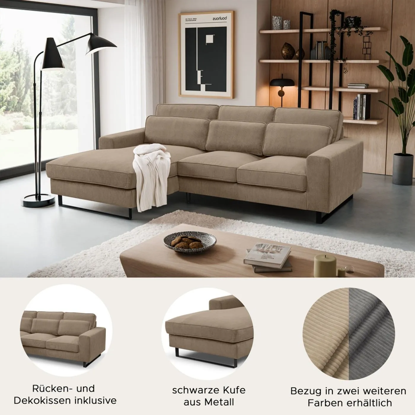 Ecksofa Bolivia links mit Rückenkissen | 276cm | Cord | braun-beige