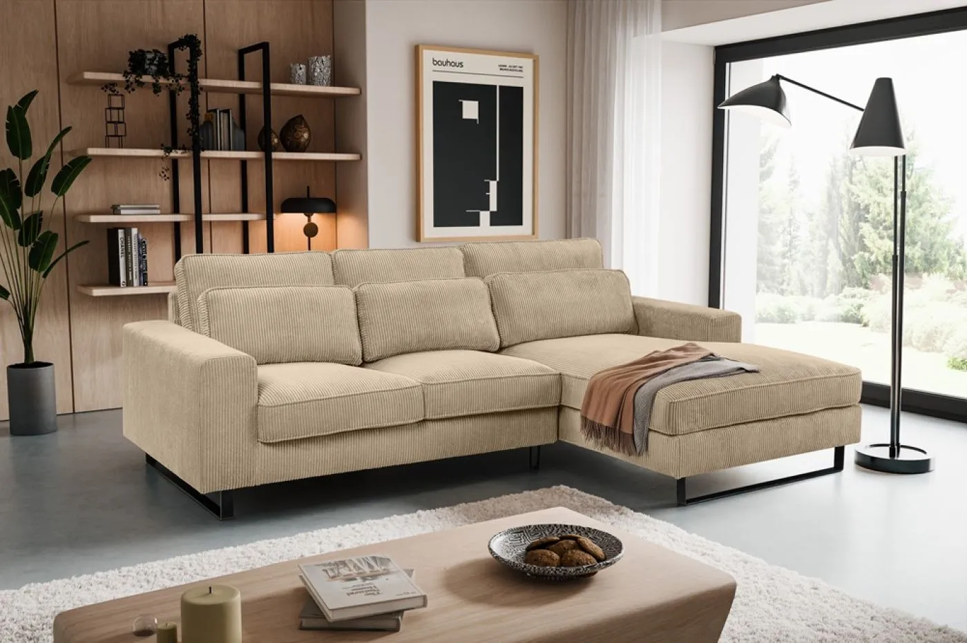Ecksofa Bolivia rechts mit Rückenkissen | 276cm | Cord | beige