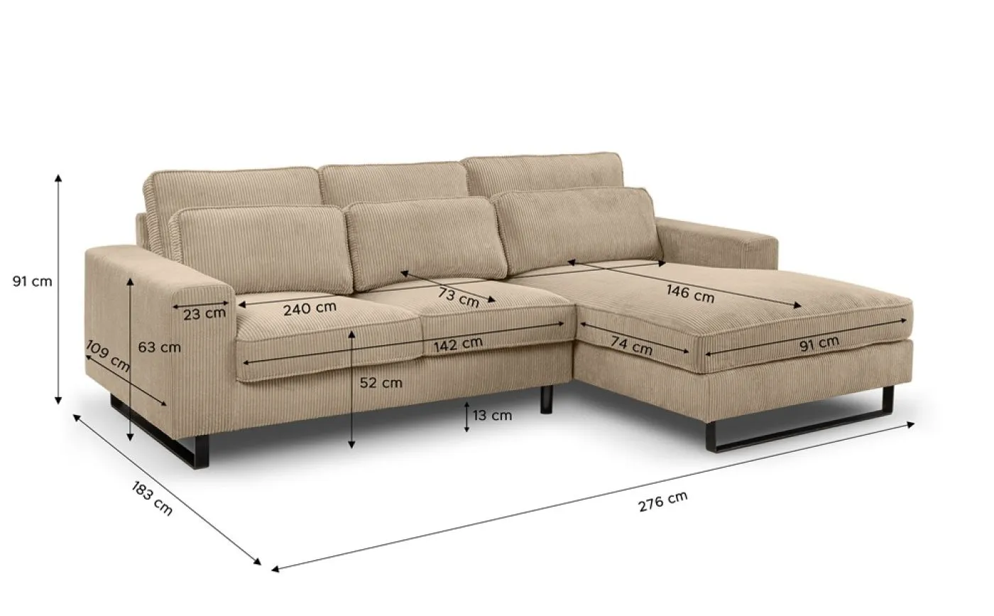 Ecksofa Bolivia rechts mit Rückenkissen | 276cm | Cord | beige