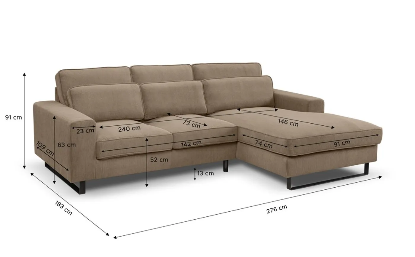 Ecksofa Bolivia rechts mit Rückenkissen | 276cm | Cord | braun-beige