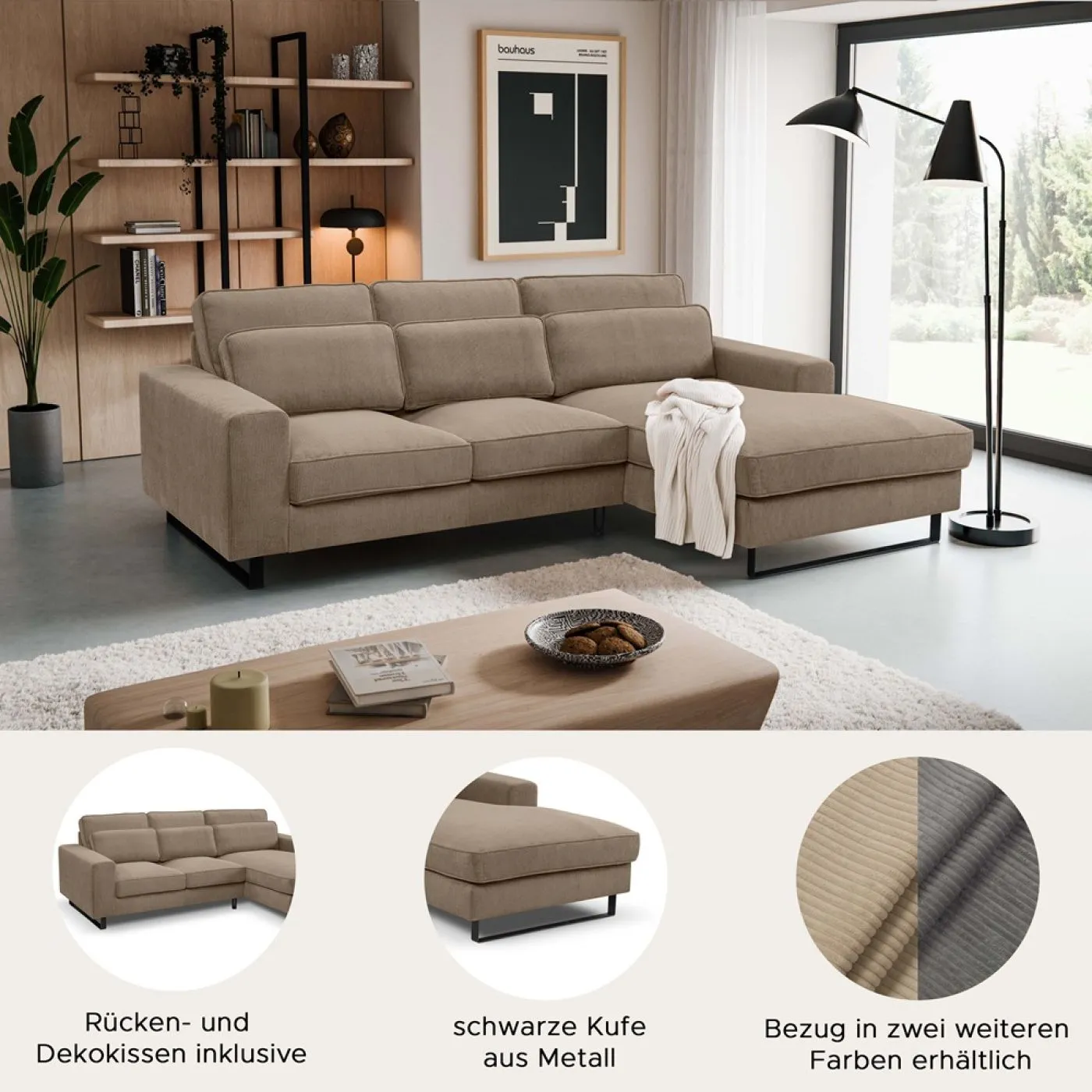 Ecksofa Bolivia rechts mit Rückenkissen | 276cm | Cord | braun-beige