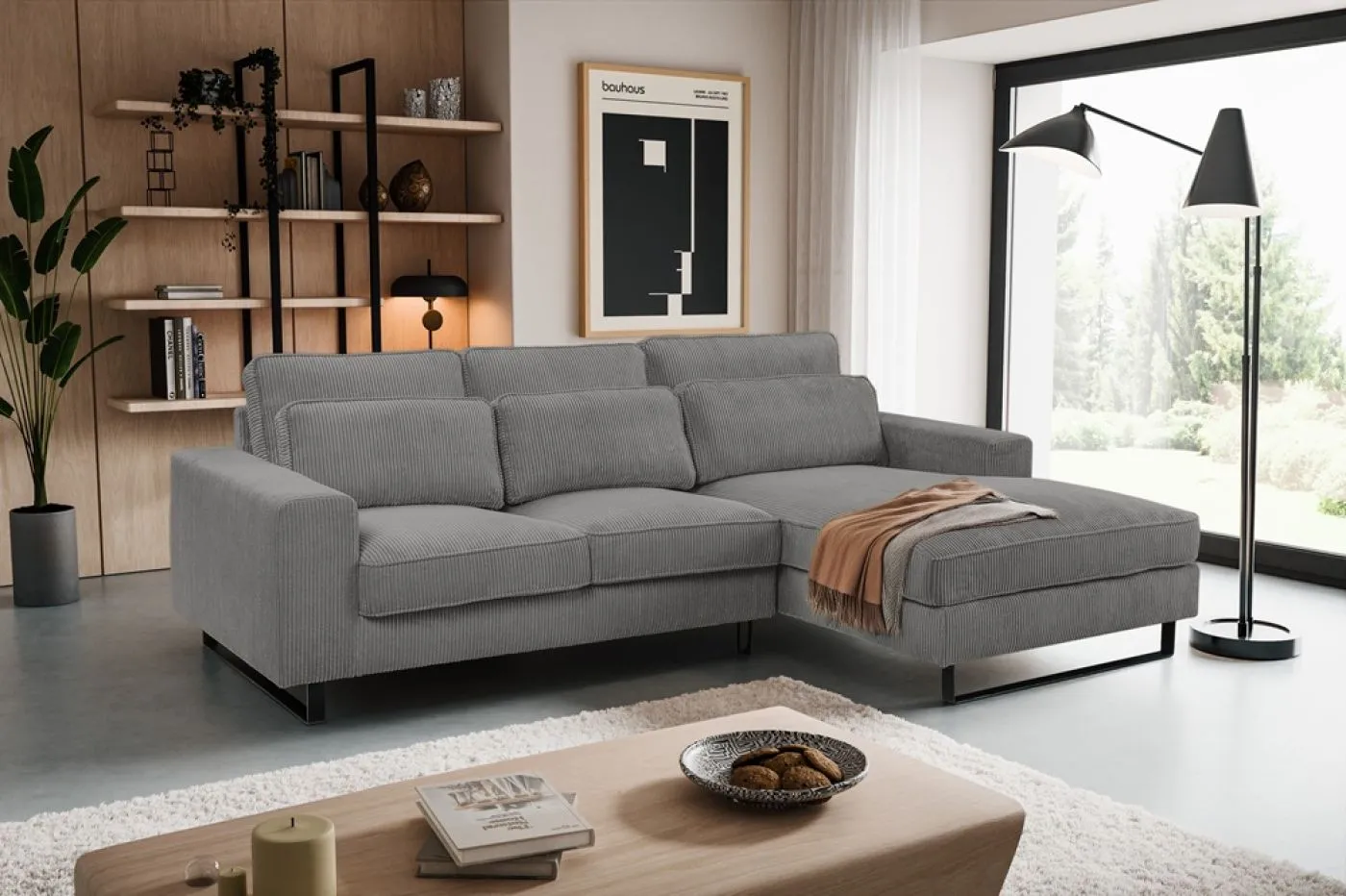 Ecksofa Bolivia rechts mit Rückenkissen | 276cm | Cord | grau