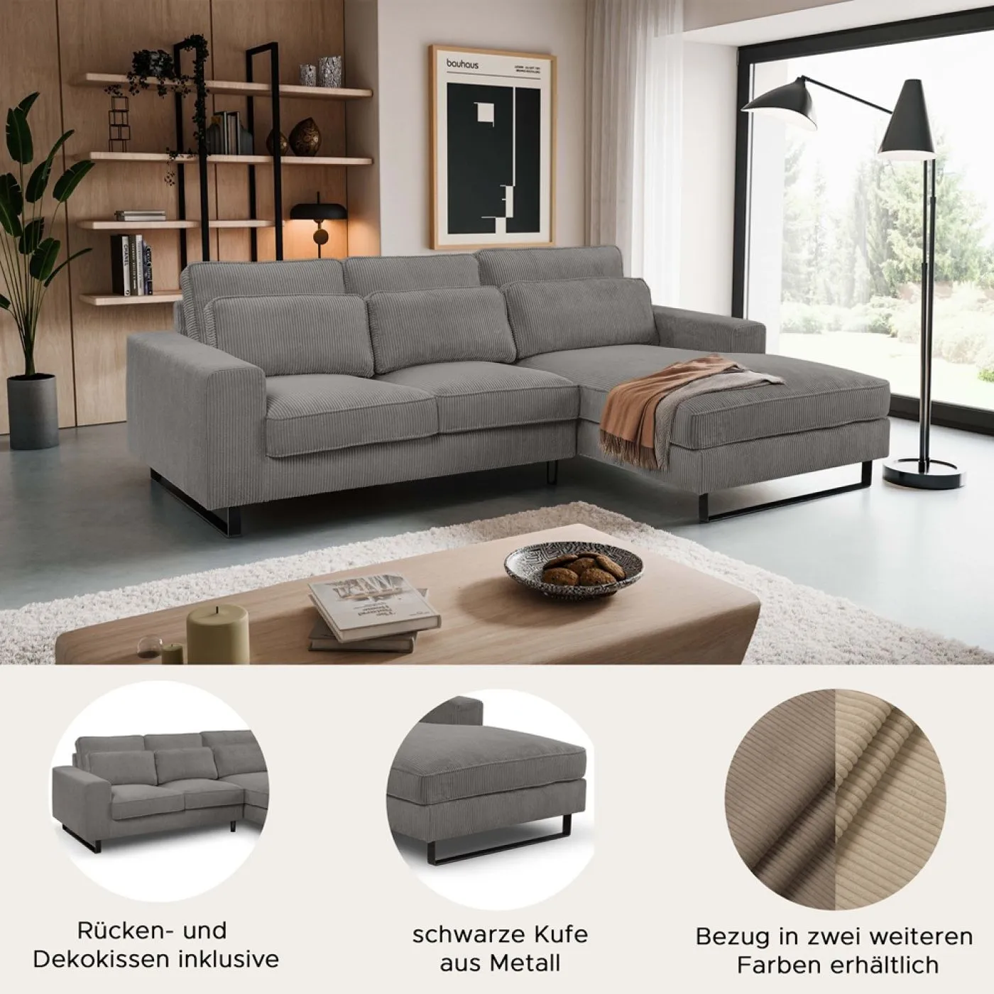 Ecksofa Bolivia rechts mit Rückenkissen | 276cm | Cord | grau