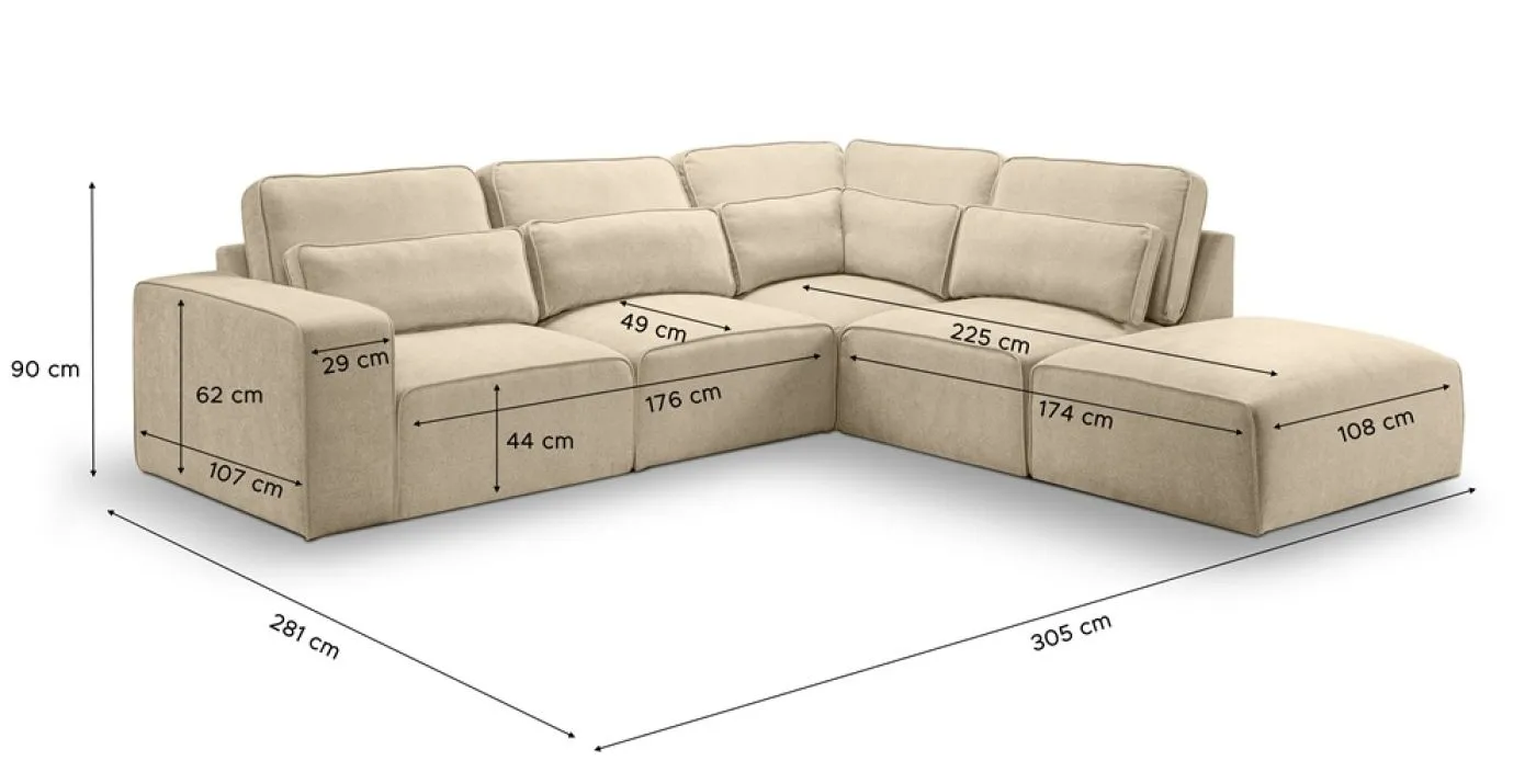 Ecksofa Lux rechts mit Rückenkissen | 305cm | Webstoff | beige