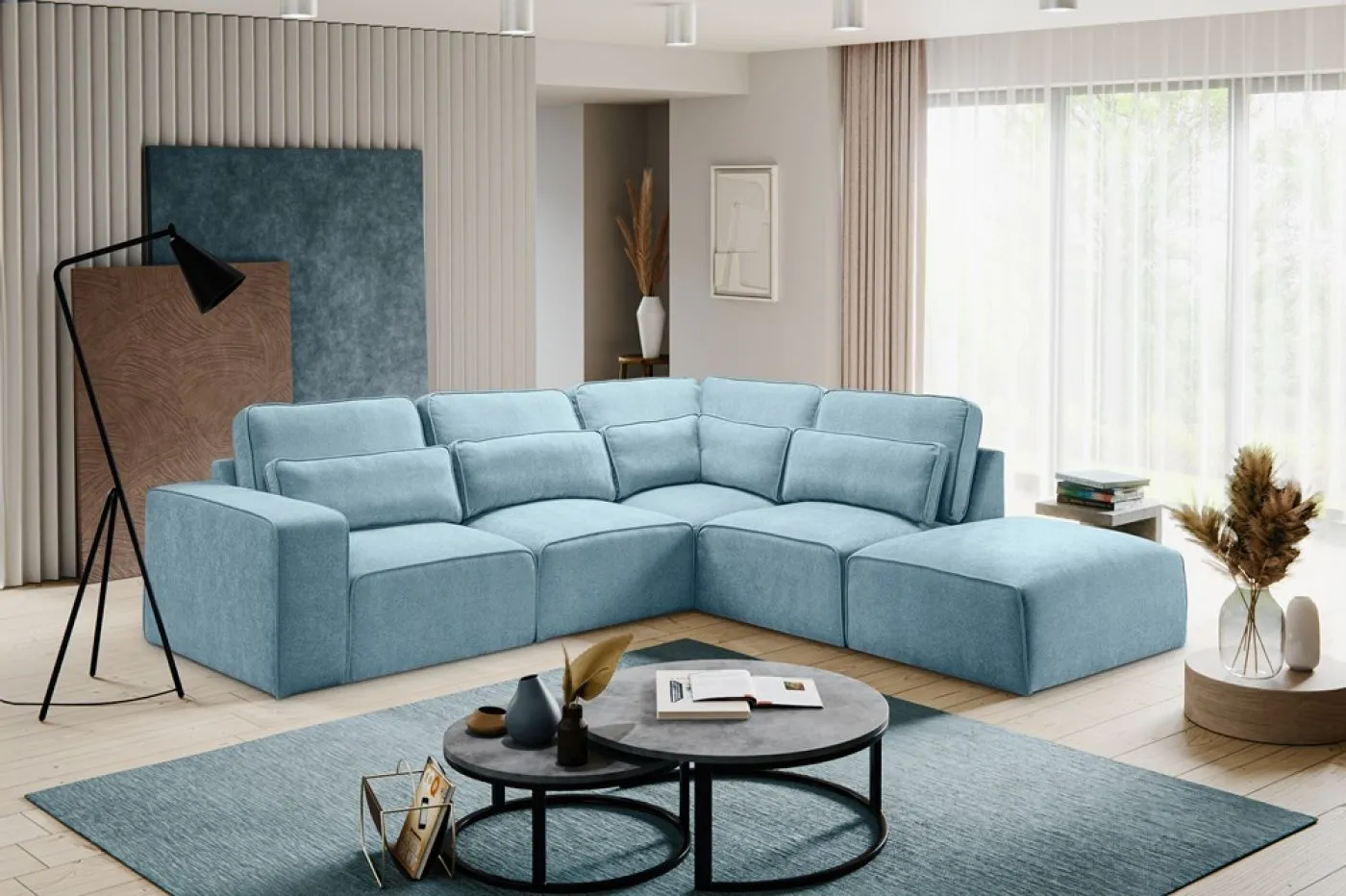 Ecksofa Lux rechts mit Rückenkissen | 305cm | Webstoff | hellblau