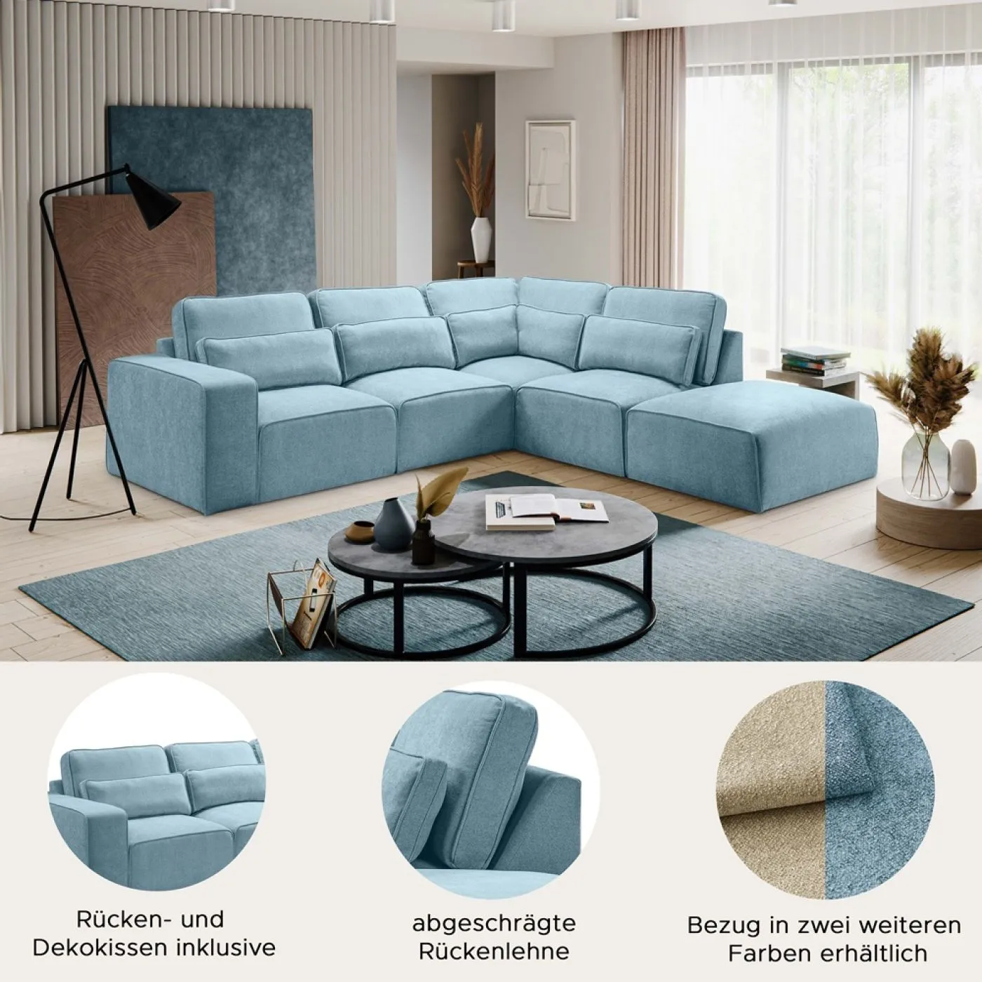 Ecksofa Lux rechts mit Rückenkissen | 305cm | Webstoff | hellblau