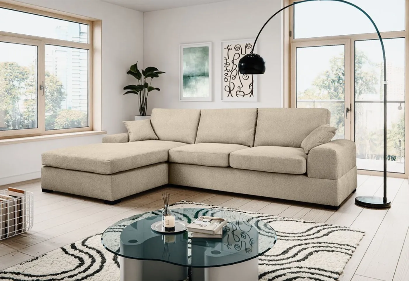 Ecksofa Veda links mit Rückenkissen | 308cm | Strukturstoff | beige