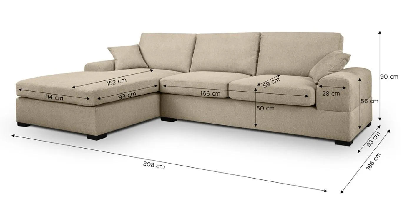 Ecksofa Veda links mit Rückenkissen | 308cm | Strukturstoff | beige