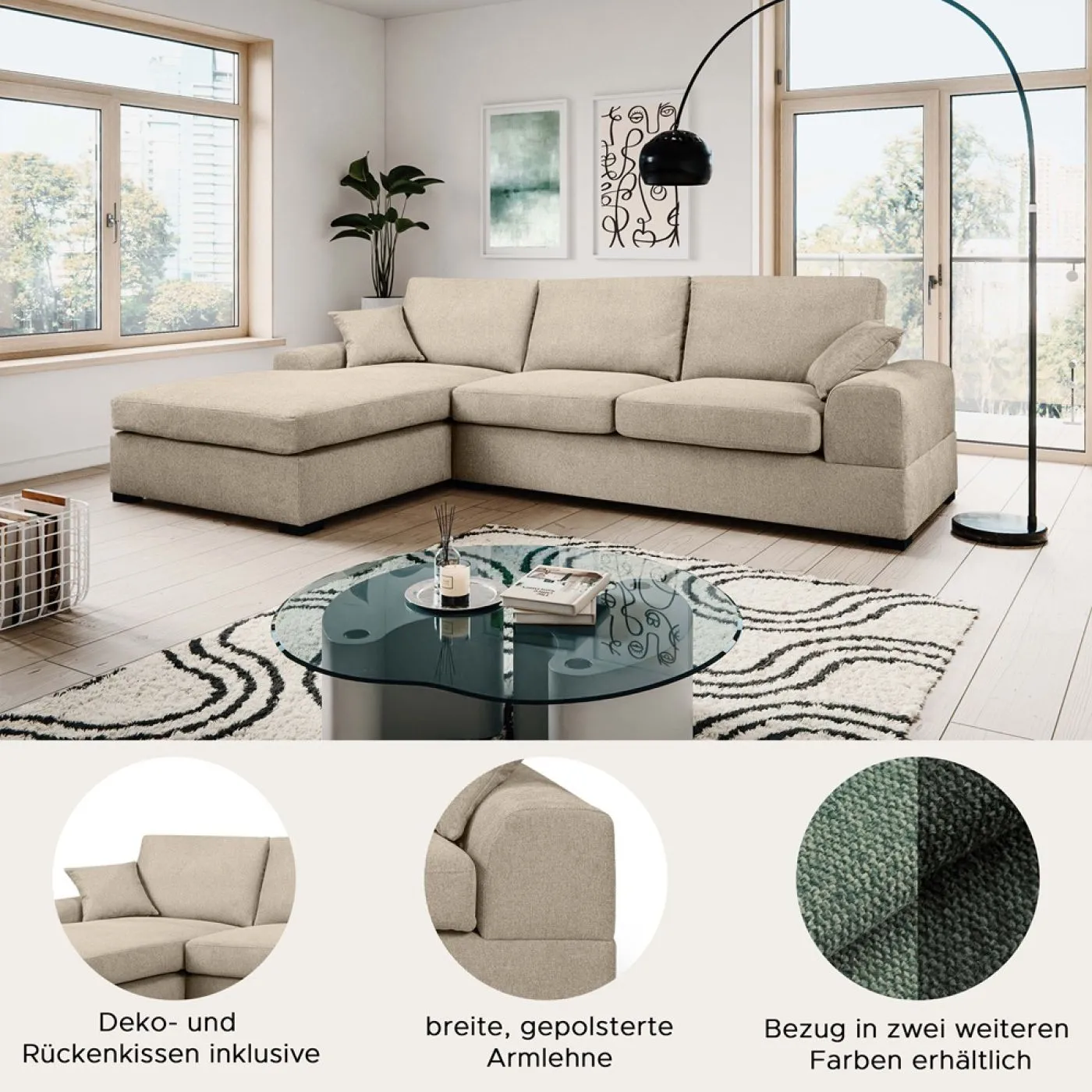 Ecksofa Veda links mit Rückenkissen | 308cm | Strukturstoff | beige