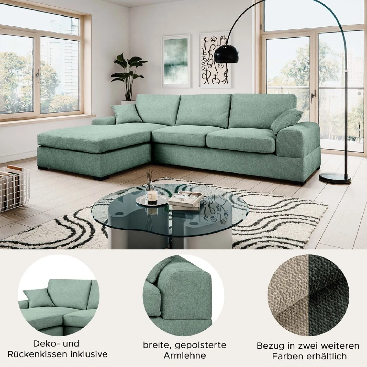 Ecksofa Veda links mit Rückenkissen | 308cm | Strukturstoff | petrol