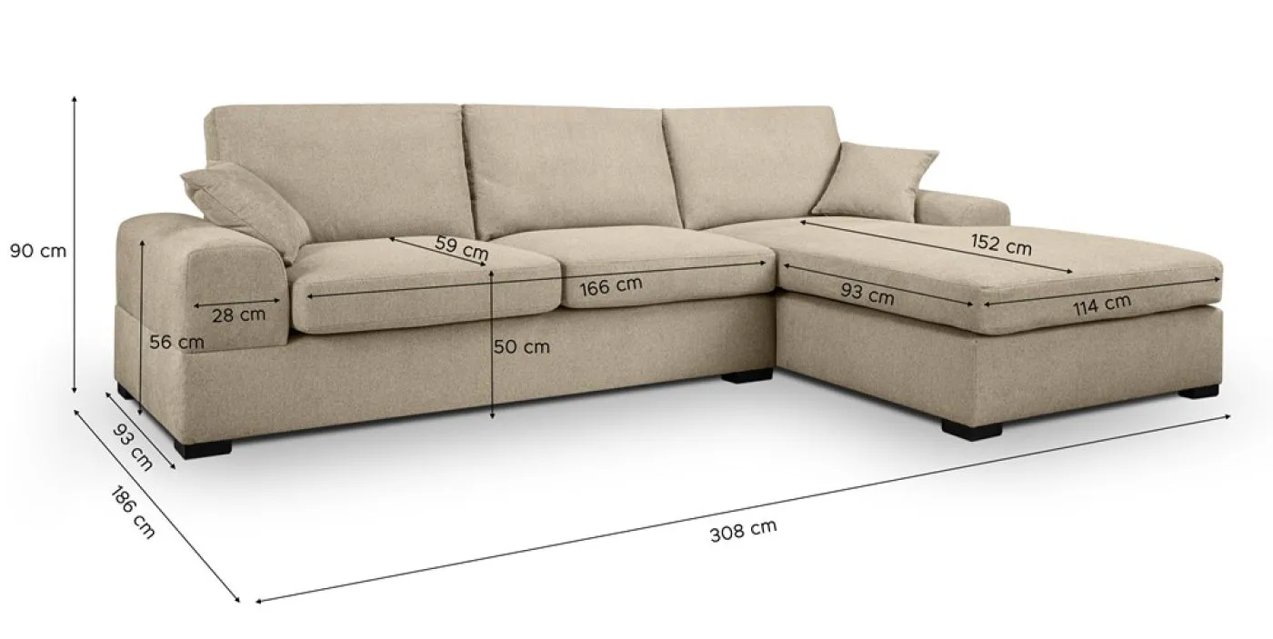 Ecksofa Veda rechts mit Rückenkissen | 308cm | Strukturstoff | beige