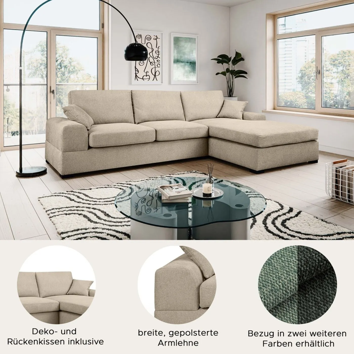 Ecksofa Veda rechts mit Rückenkissen | 308cm | Strukturstoff | beige