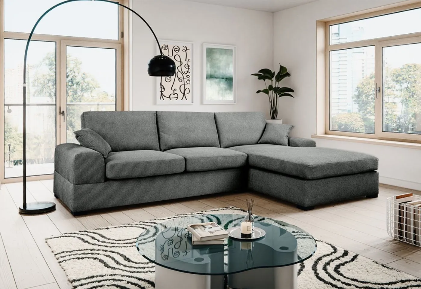 Ecksofa Veda rechts mit Rückenkissen | 308cm | Strukturstoff | grau