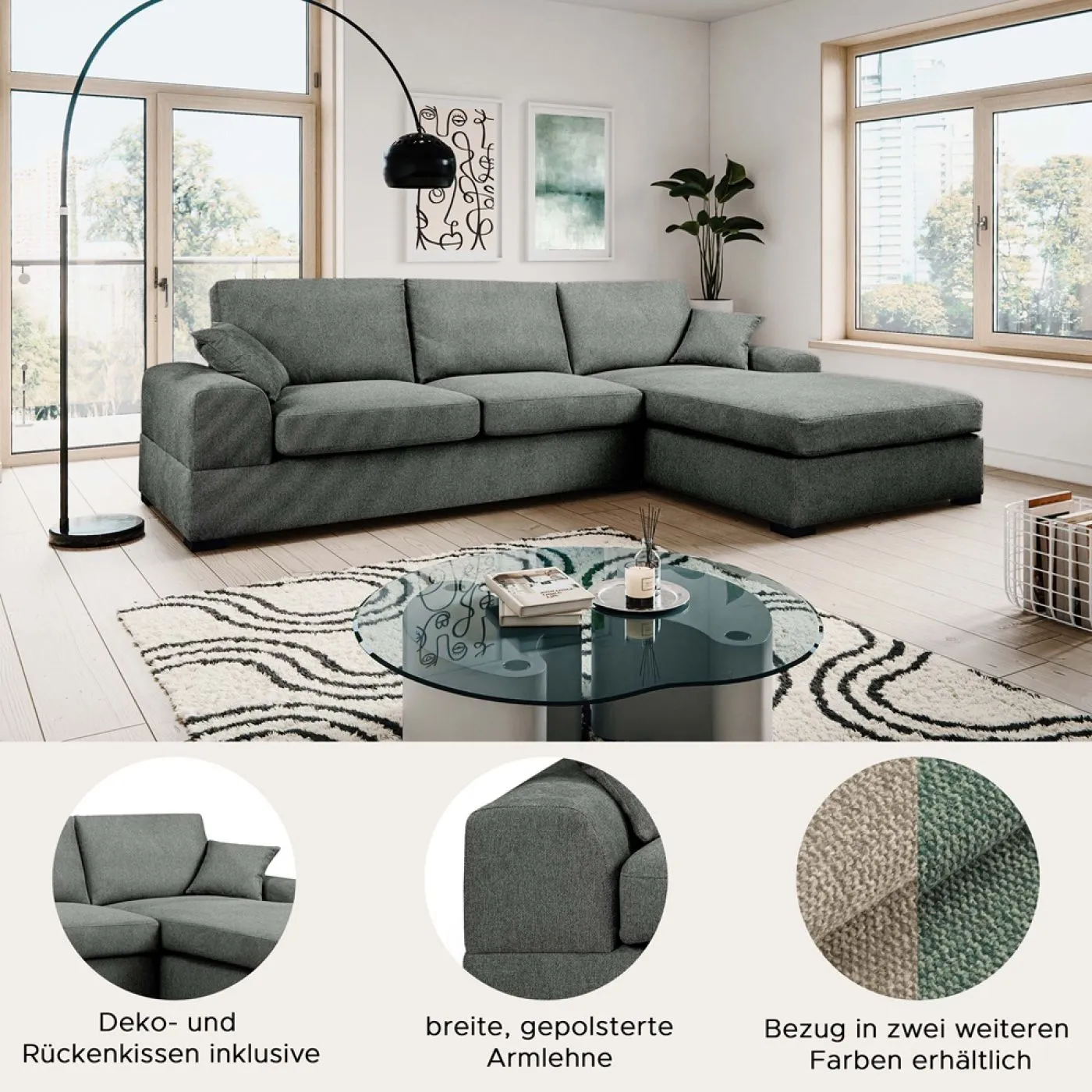 Ecksofa Veda rechts mit Rückenkissen | 308cm | Strukturstoff | grau