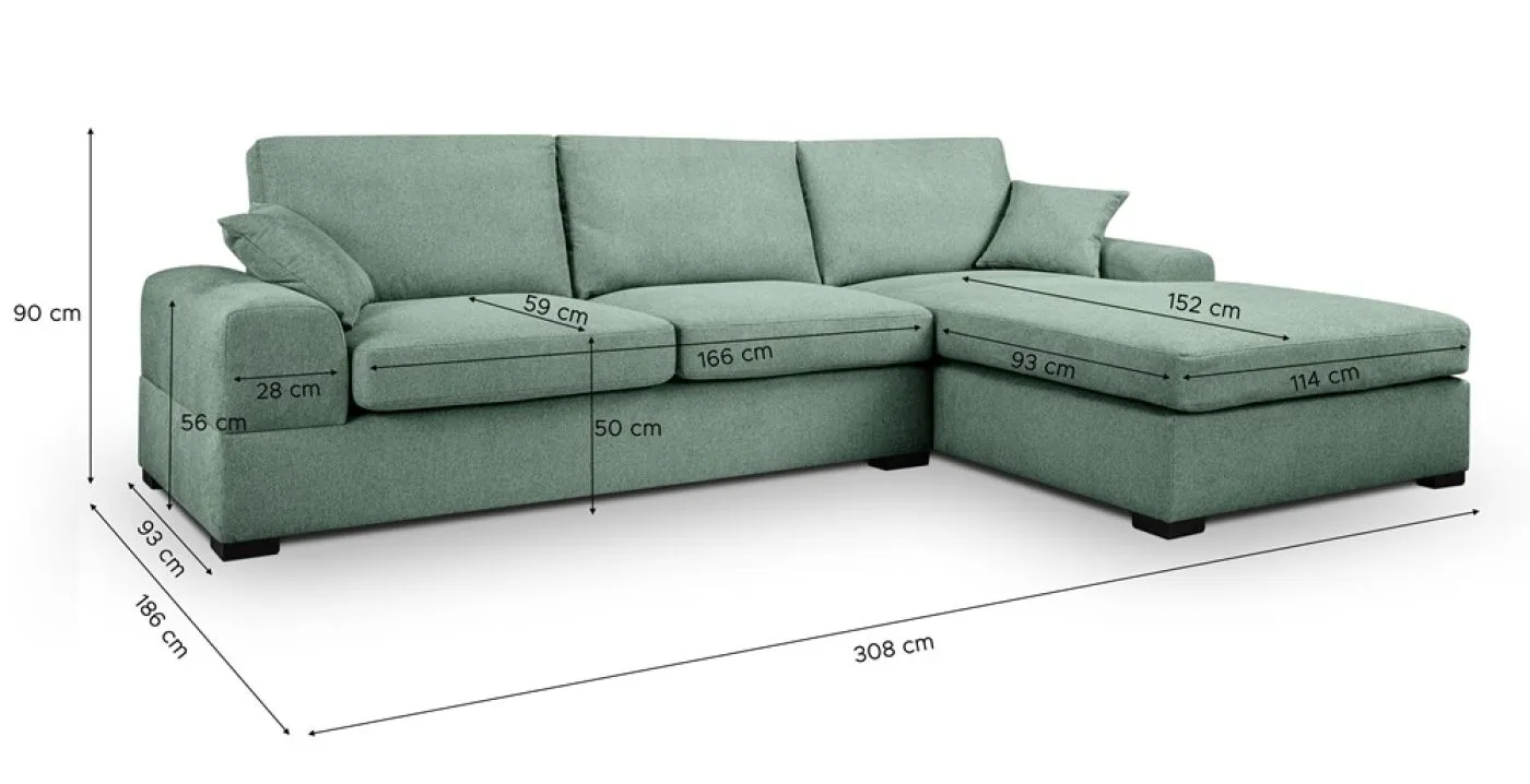 Ecksofa Veda rechts mit Rückenkissen | 308cm | Strukturstoff | petrol