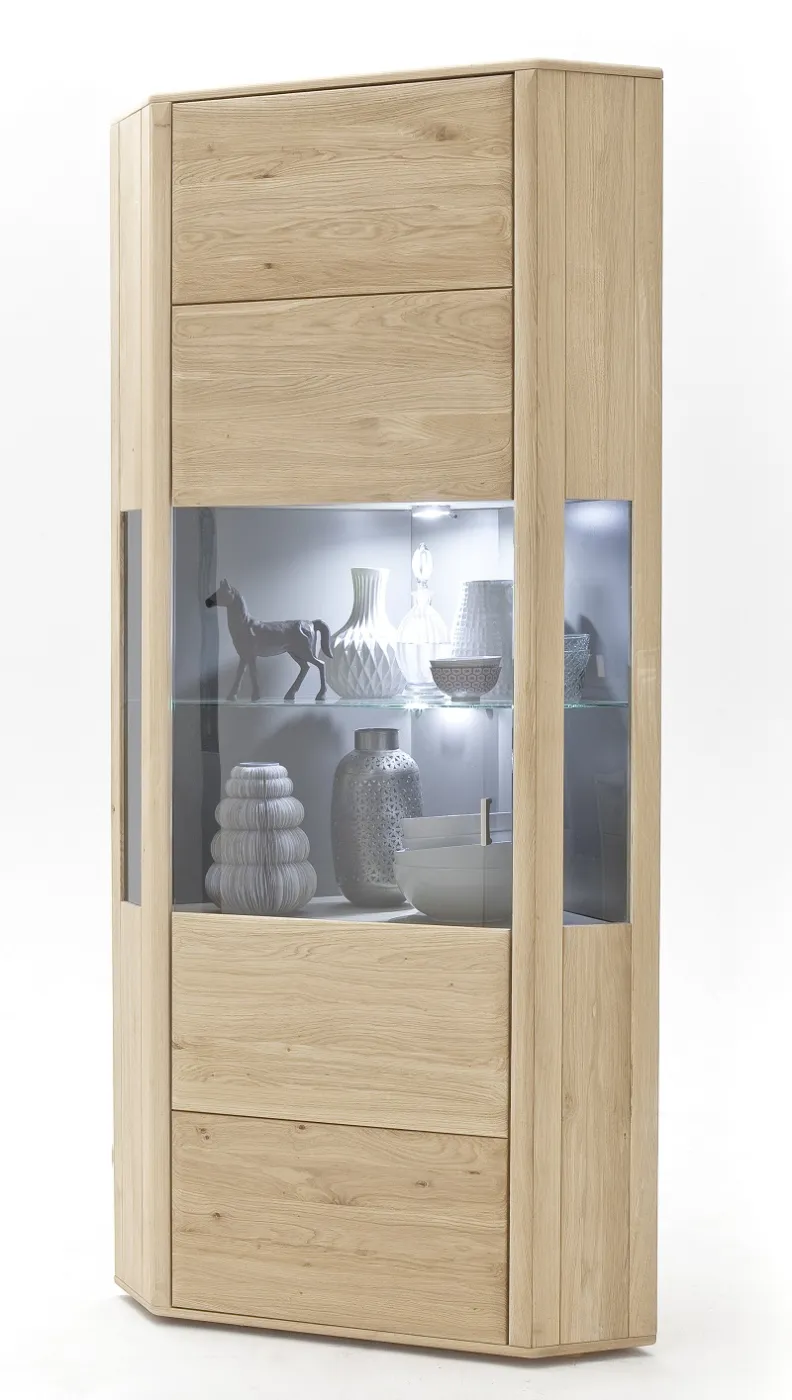 Eckvitrine Tarragona | Eiche Bianco | mit 1er Set Glasbodenbeleuchtung