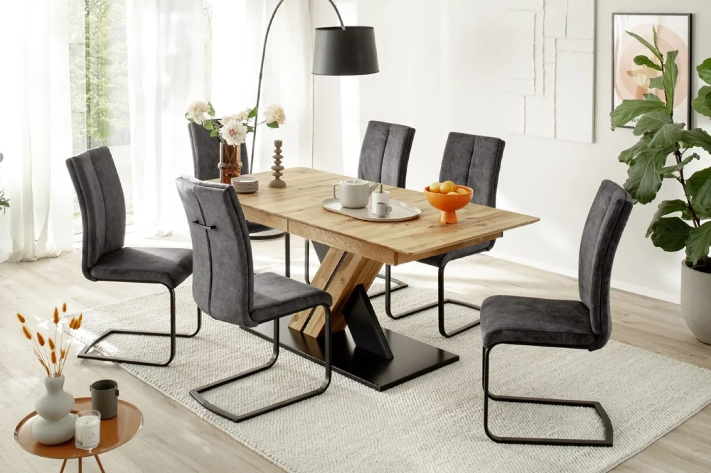 Esstisch Ausziehtisch Morena mit X-Fuß | Balkeneiche massiv | 140(190) x 77 x 90 cm