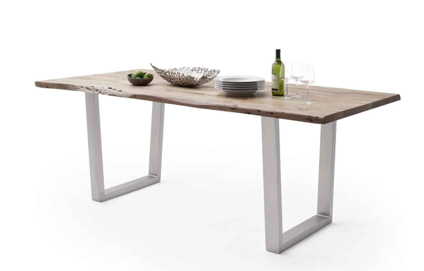 Esstisch Calabria | Akazie massiv | T-Gestell Edelstahl | 160/180/200/220/240 | natur | verschiedene Größen