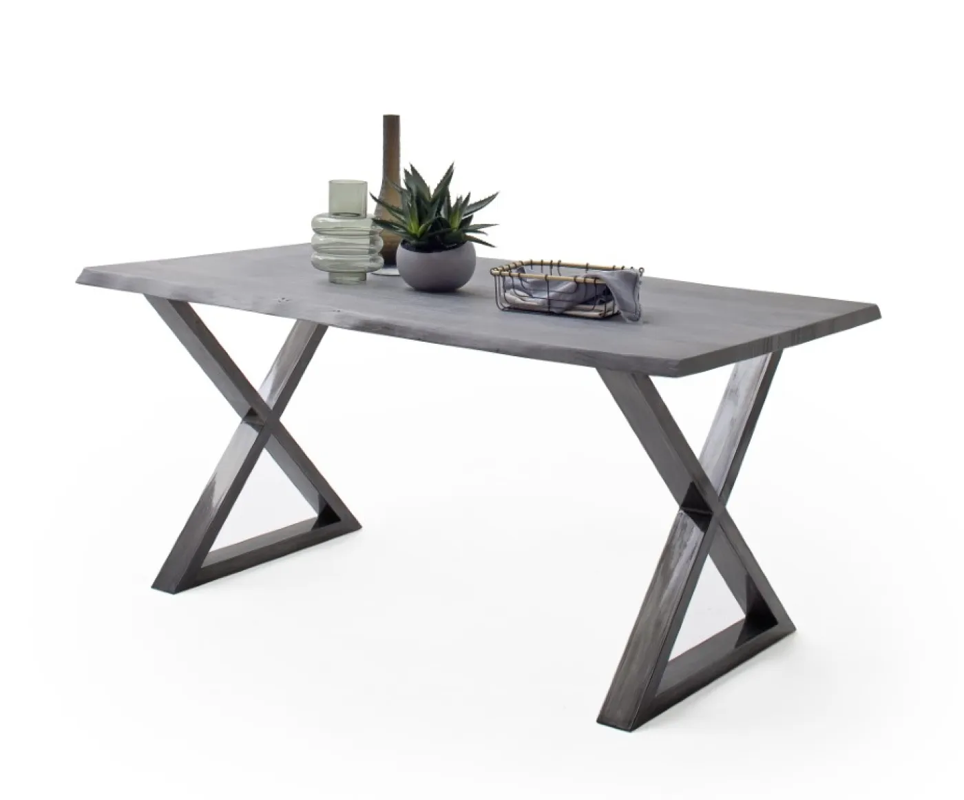 Esstisch Calabria | Akazie massiv | X-Gestell | 160/180/200/220/240 | grau / antik gewischt | verschiedene Größen