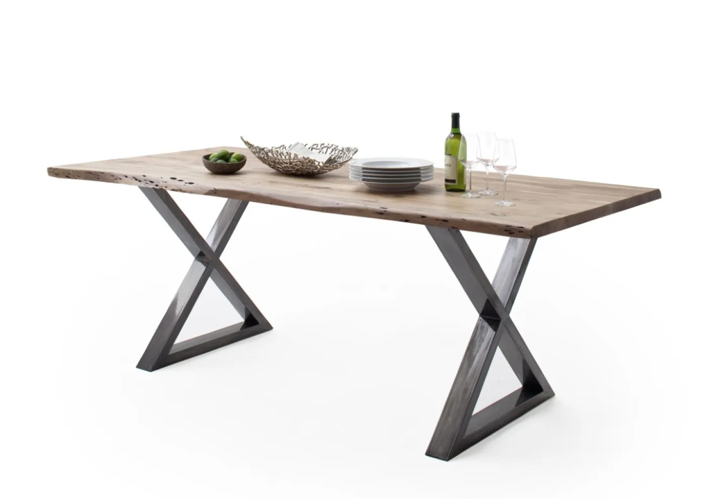 Esstisch Calabria | Akazie massiv | X-Gestell | 160/180/200/220/240 | natur / antik gewischt | verschiedene Größen