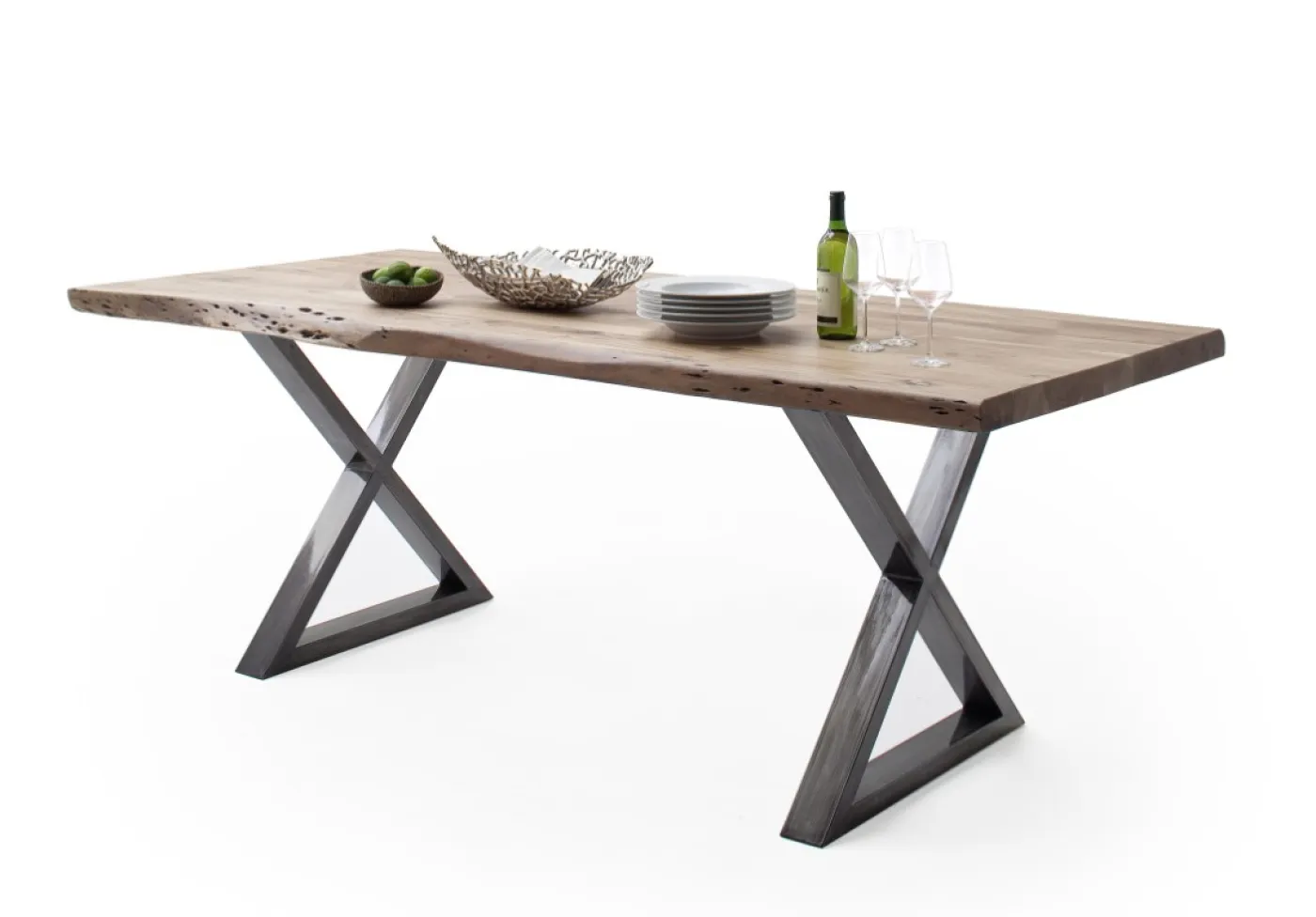 Esstisch Calabria | Akazie massiv | X-Gestell | 160/180/200/220/240 | natur / antik gewischt | verschiedene Größen