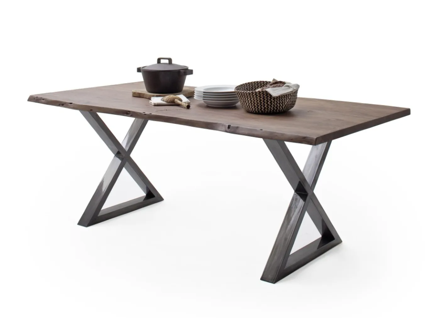 Esstisch Calabria | Akazie massiv | X-Gestell | 160/180/200/220/240 | walnuss / antik gewischt | verschiedene Größen