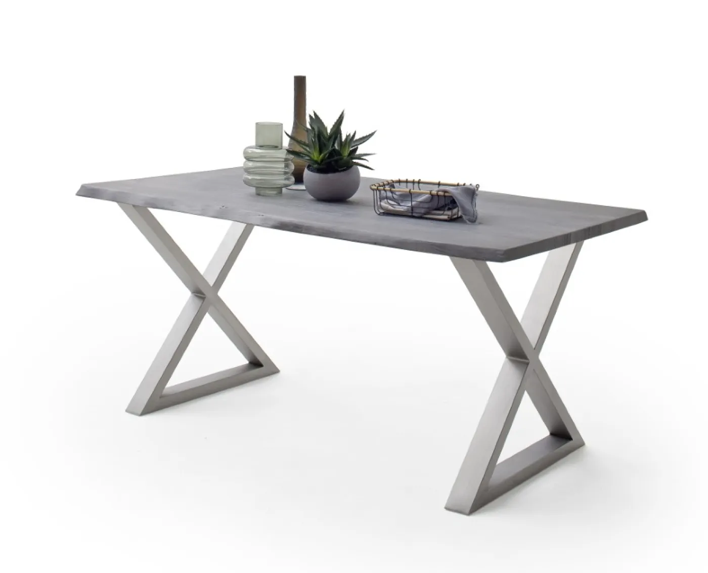 Esstisch Calabria | Akazie massiv | X-Gestell Edelstahl | 160/180/200/220/240 | grau | verschiedene Größen