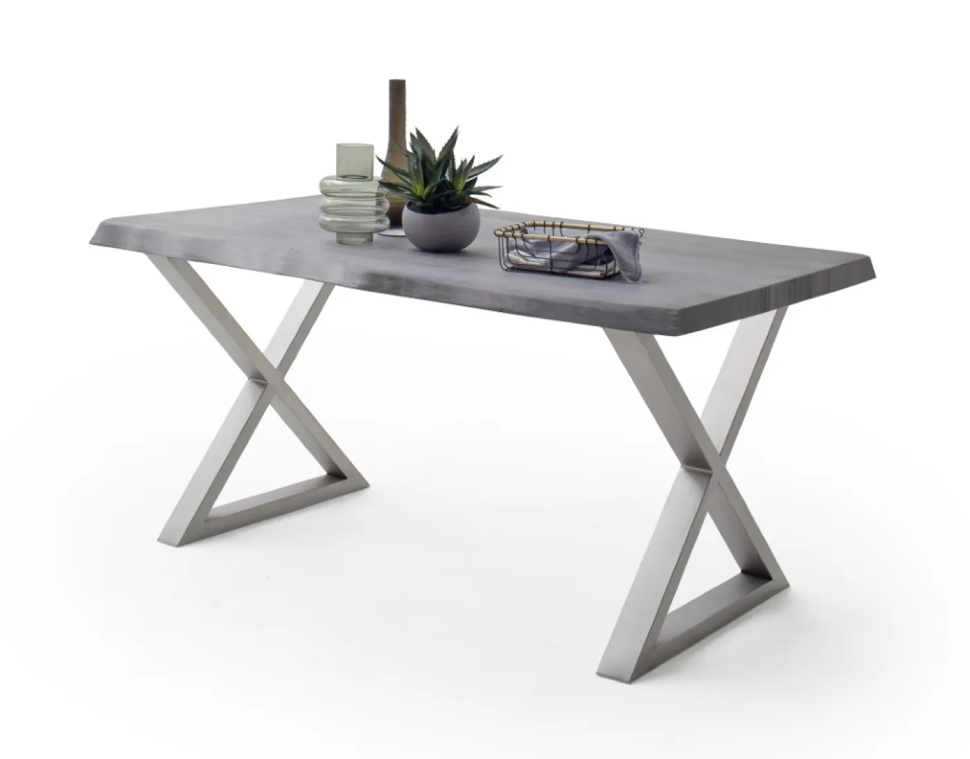 Esstisch Calabria | Akazie massiv | X-Gestell Edelstahl | 160/180/200/220/240 | grau | verschiedene Größen