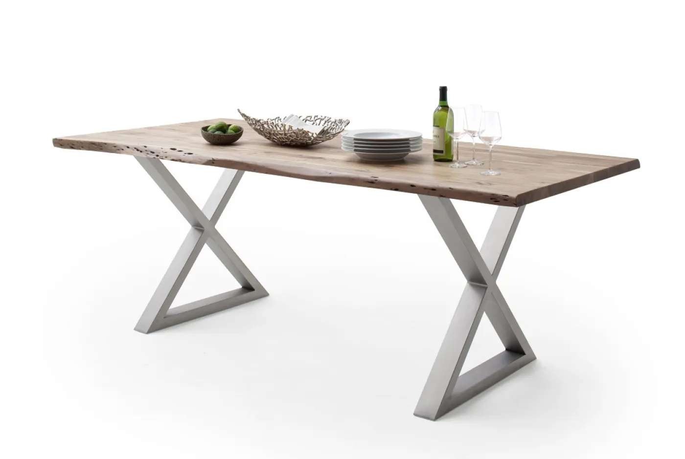 Esstisch Calabria | Akazie massiv | X-Gestell Edelstahl | 160/180/200/220/240 | natur | verschiedene Größen