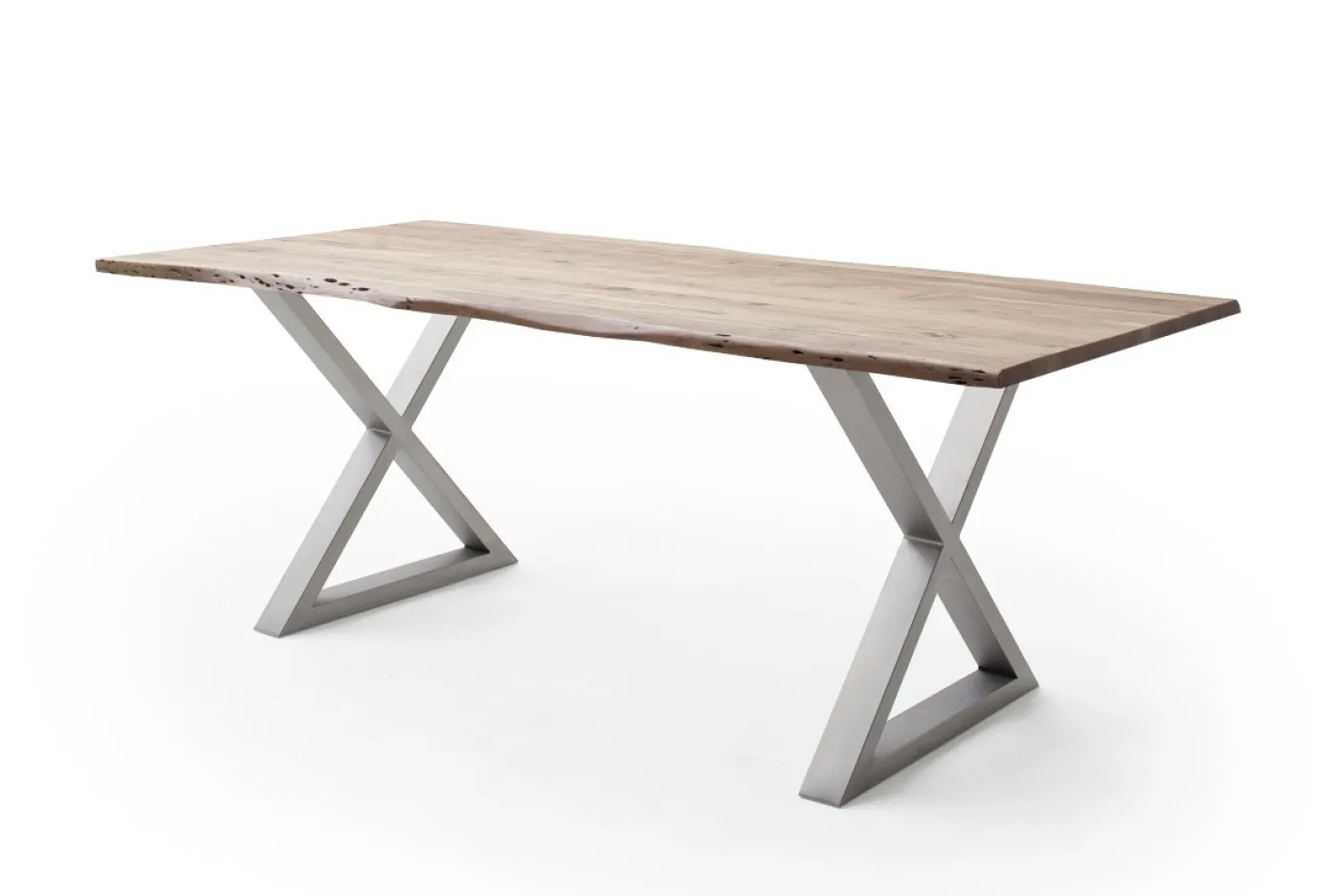 Esstisch Calabria | Akazie massiv | X-Gestell Edelstahl | natur | 180 x 90-Tischplatte 2,5 cm