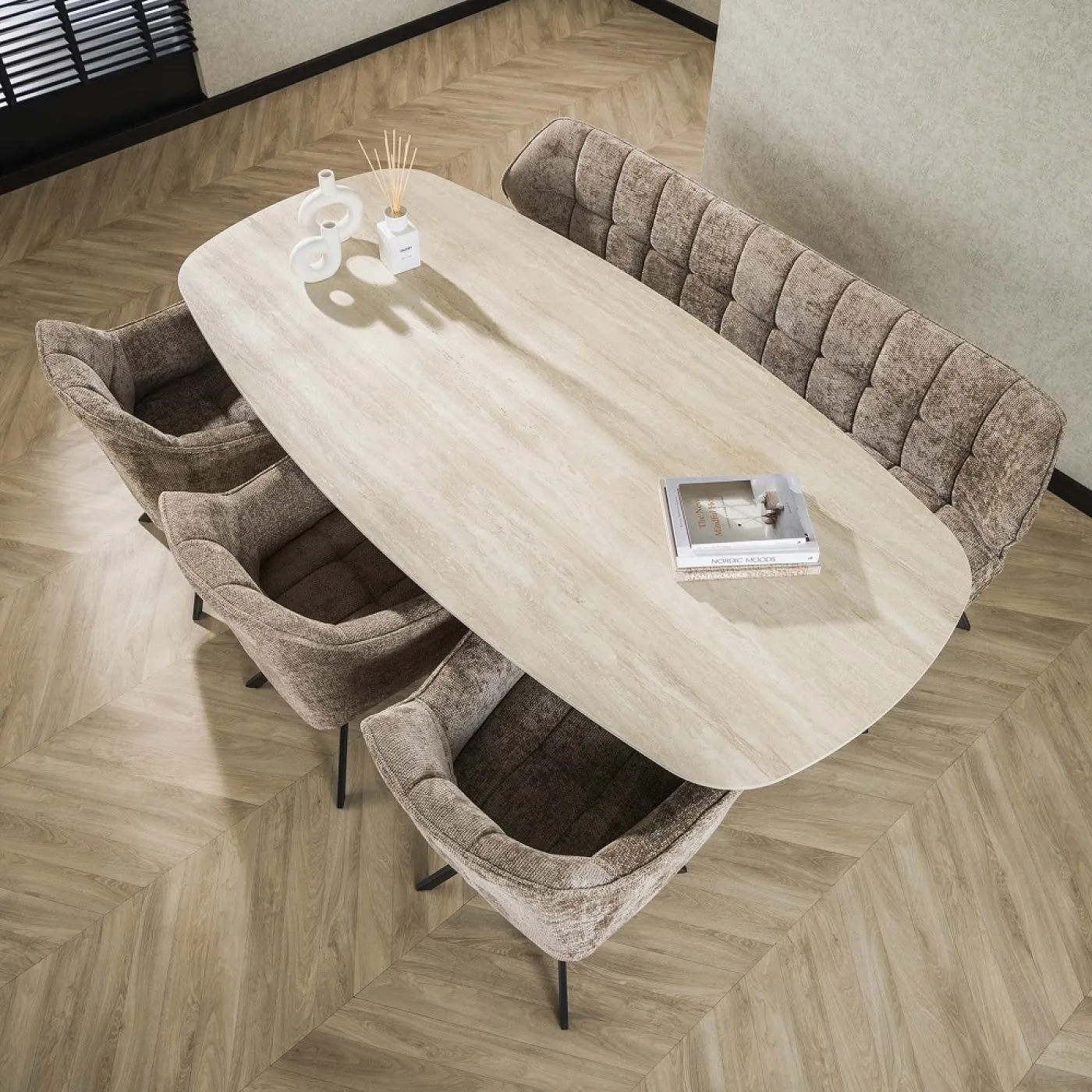 Esstisch Ele | oval | 215 cm | Keramik | Travertin