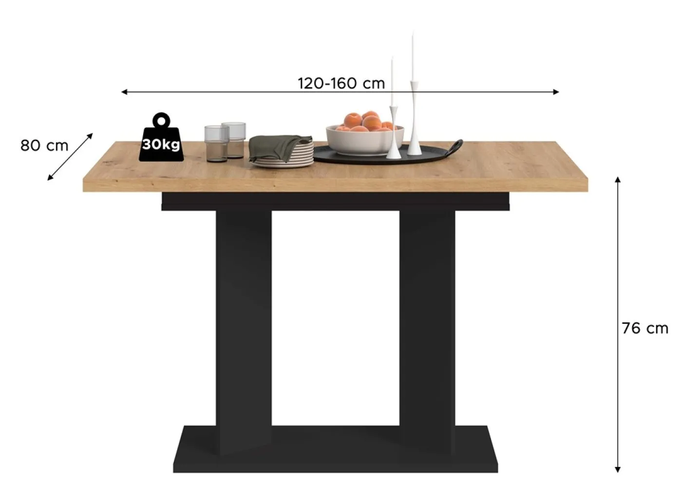 Esstisch Gustav | ausziehbar | Artisan Eiche / schwarz | B:120-160 cm