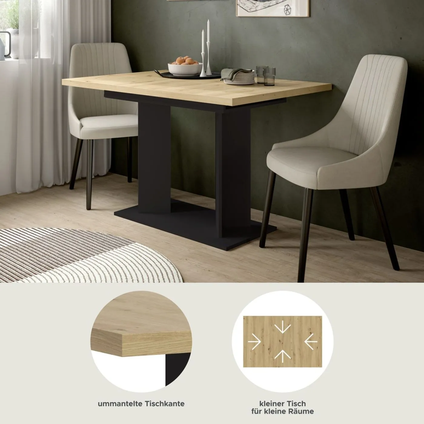 Esstisch Gustav | ausziehbar | Artisan Eiche / schwarz | B:120-160 cm