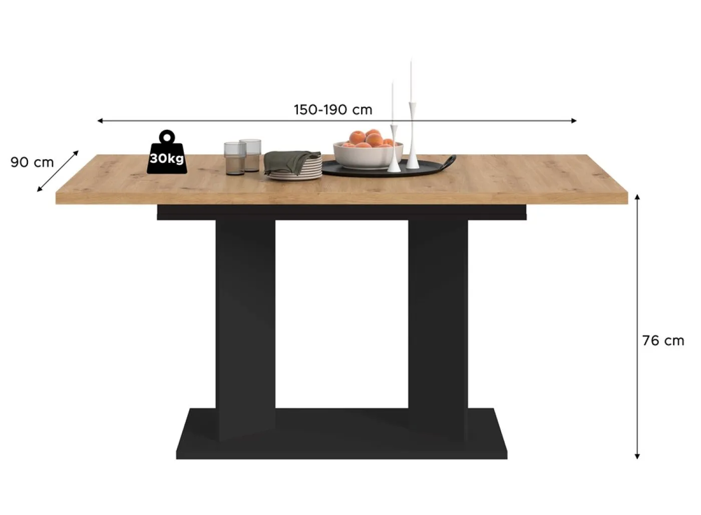 Esstisch Gustav | ausziehbar | Säulen-Fußgestell | Artisan Eiche / schwarz | verschiedene Größen