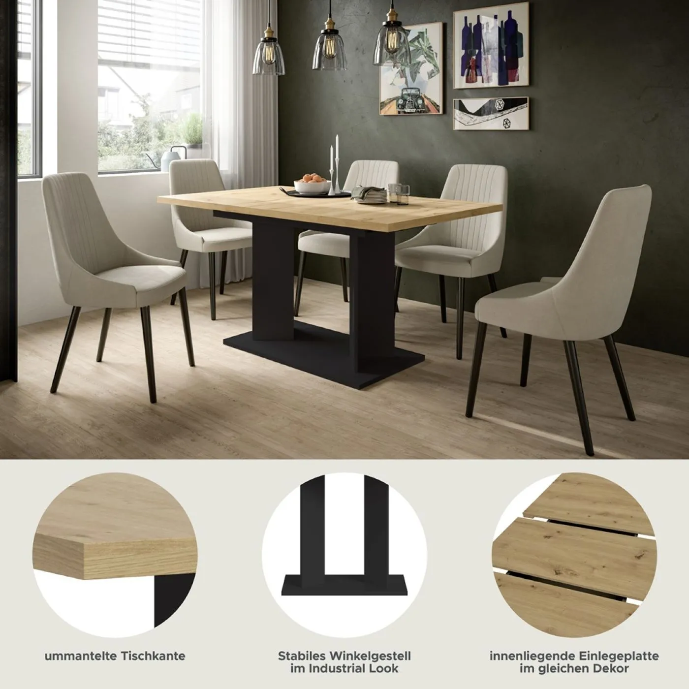 Esstisch Gustav | ausziehbar | Säulen-Fußgestell | Artisan Eiche / schwarz | verschiedene Größen