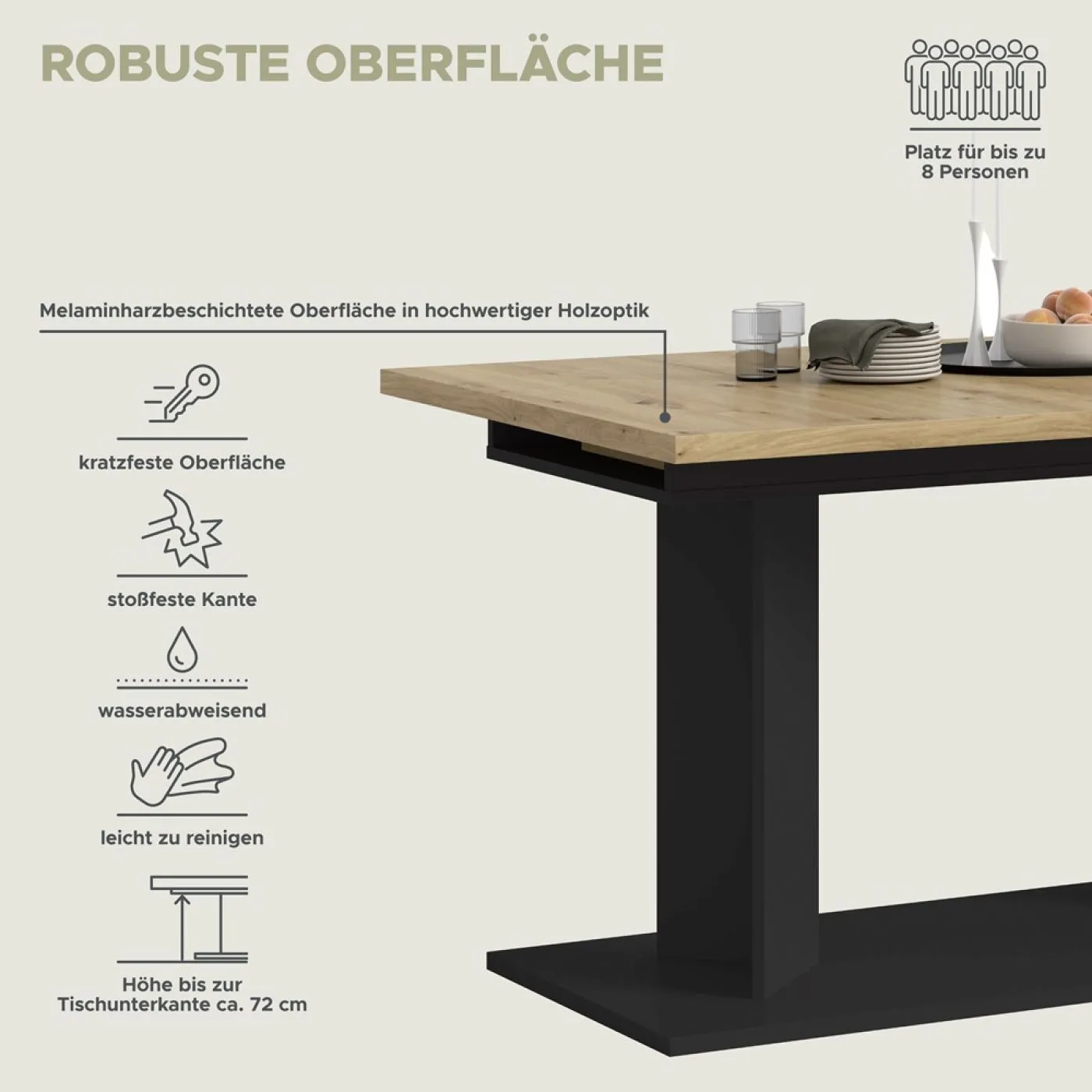 Esstisch Gustav | ausziehbar | Säulen-Fußgestell | Artisan Eiche / schwarz | verschiedene Größen