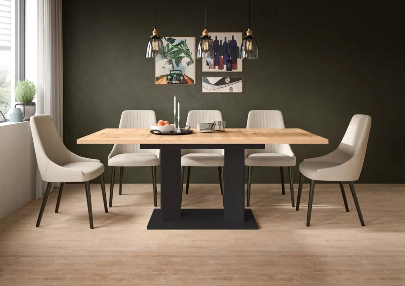 Esstisch Gustav | ausziehbar | Säulen-Fußgestell | Artisan Eiche / schwarz | verschiedene Größen