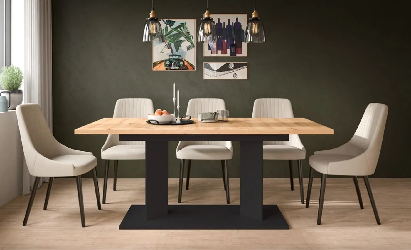 Esstisch Gustav | ausziehbar | Säulen-Fußgestell | Artisan Eiche / schwarz | verschiedene Größen