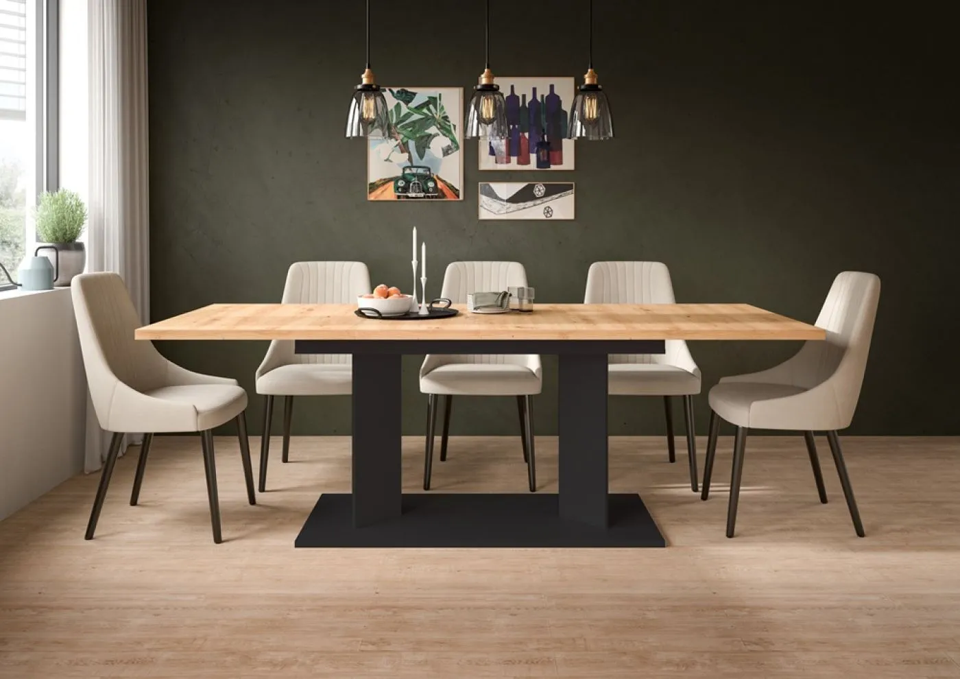 Esstisch Gustav | ausziehbar | Säulen-Fußgestell | Artisan Eiche / schwarz | verschiedene Größen