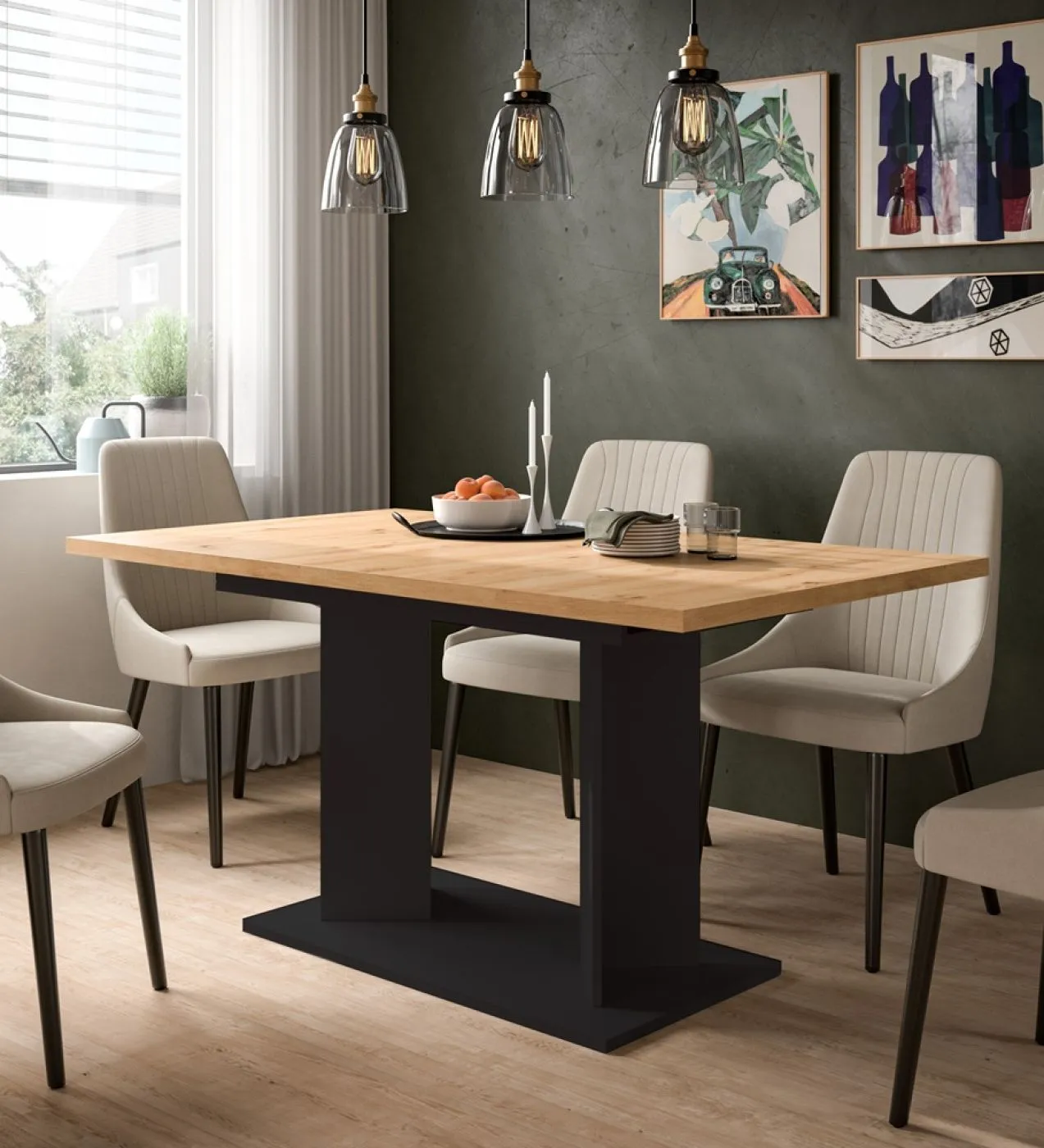 Esstisch Gustav | ausziehbar | Säulen-Fußgestell | Artisan Eiche / schwarz | verschiedene Größen