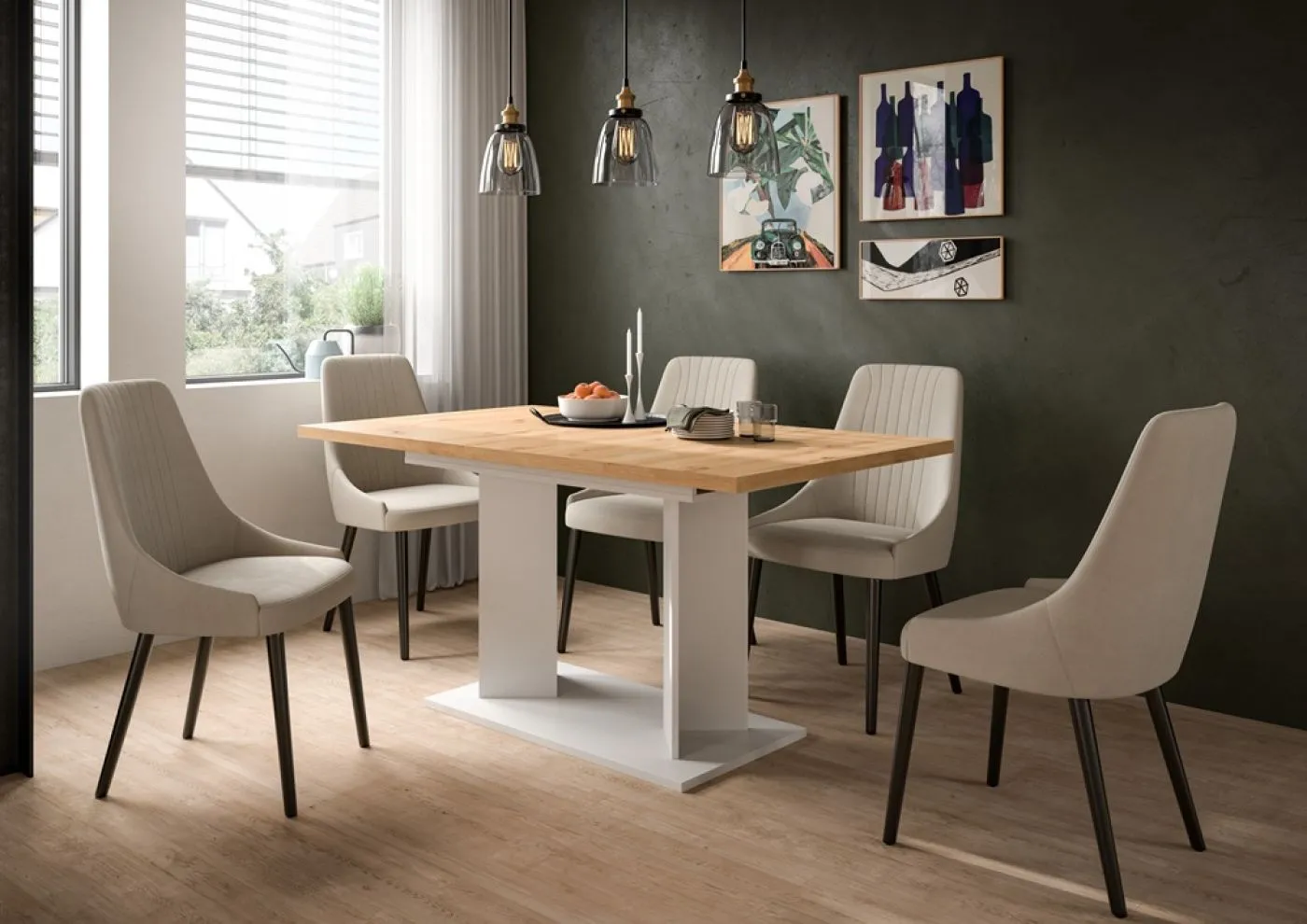 Esstisch Gustav | ausziehbar | Säulen-Fußgestell | Artisan Eiche / weiß | verschiedene Größen