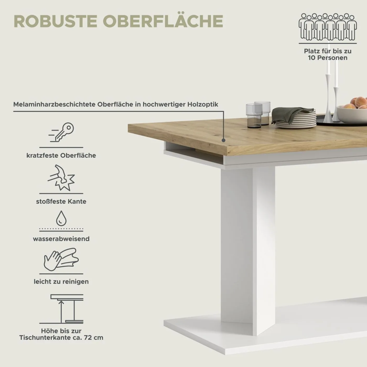 Esstisch Gustav | ausziehbar | Säulen-Fußgestell | Artisan Eiche / weiß | verschiedene Größen