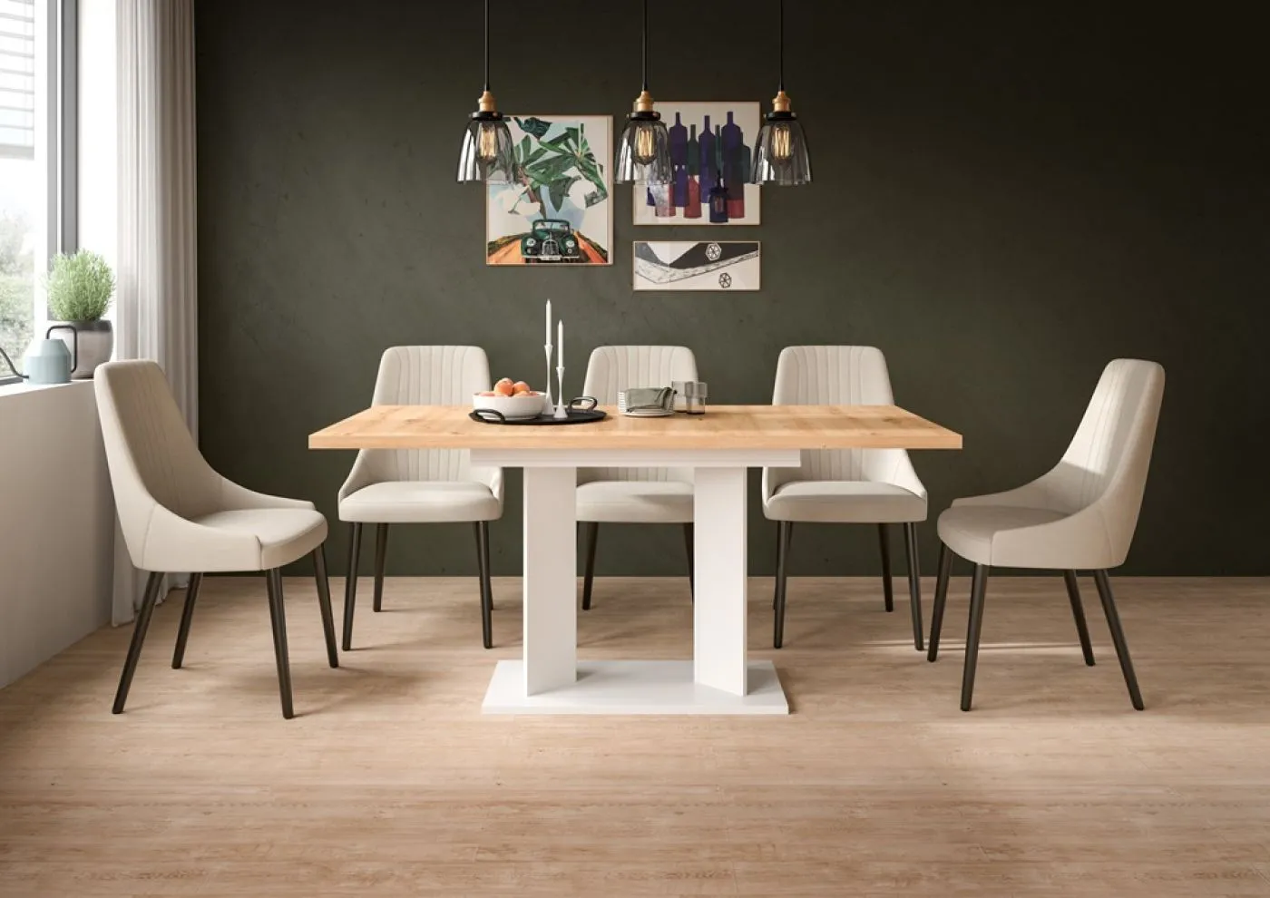 Esstisch Gustav | ausziehbar | Säulen-Fußgestell | Artisan Eiche / weiß | verschiedene Größen