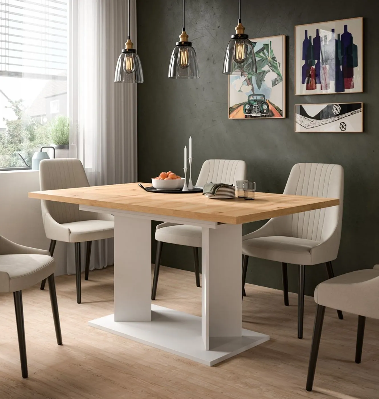 Esstisch Gustav | ausziehbar | Säulen-Fußgestell | Artisan Eiche / weiß | verschiedene Größen
